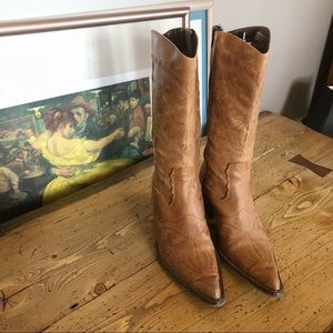 Tan Western style heeled cowgirl boots tall
